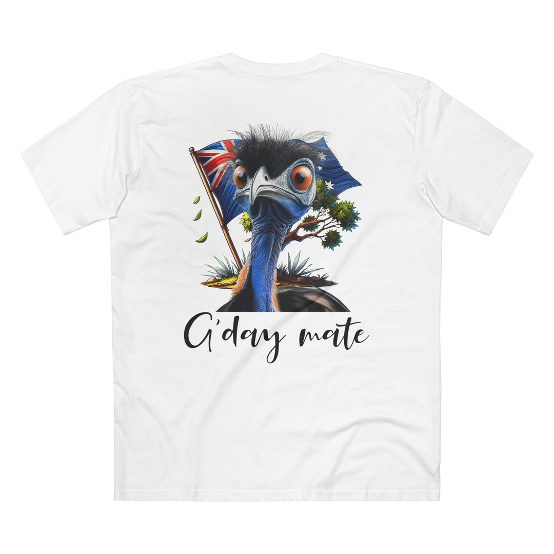 Aussie Cassowary T-Shirt — "G'day Mate" with Australian Flag Back design