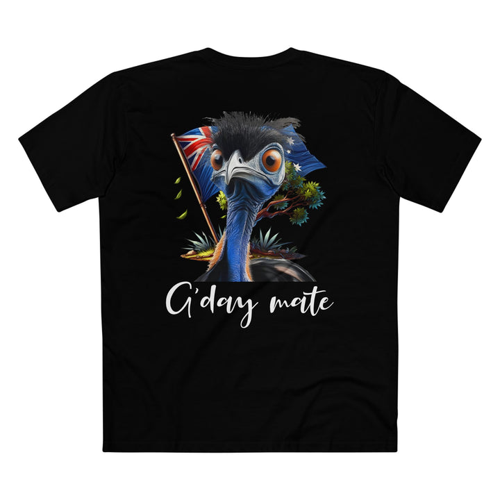 Aussie Cassowary T-Shirt — "G'day Mate" with Australian Flag Back design